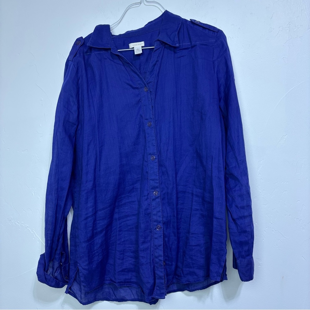 Chico's Women's Purple Button Up Blouse Long Sleeve Size 2 Large Ramie Cotton